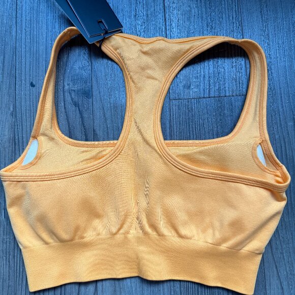 OH POLLY ORANGE YELLOW RUCHED RACER PADDED SPORTS BRA CROP TOP - SMALL - Picture 3 of 4